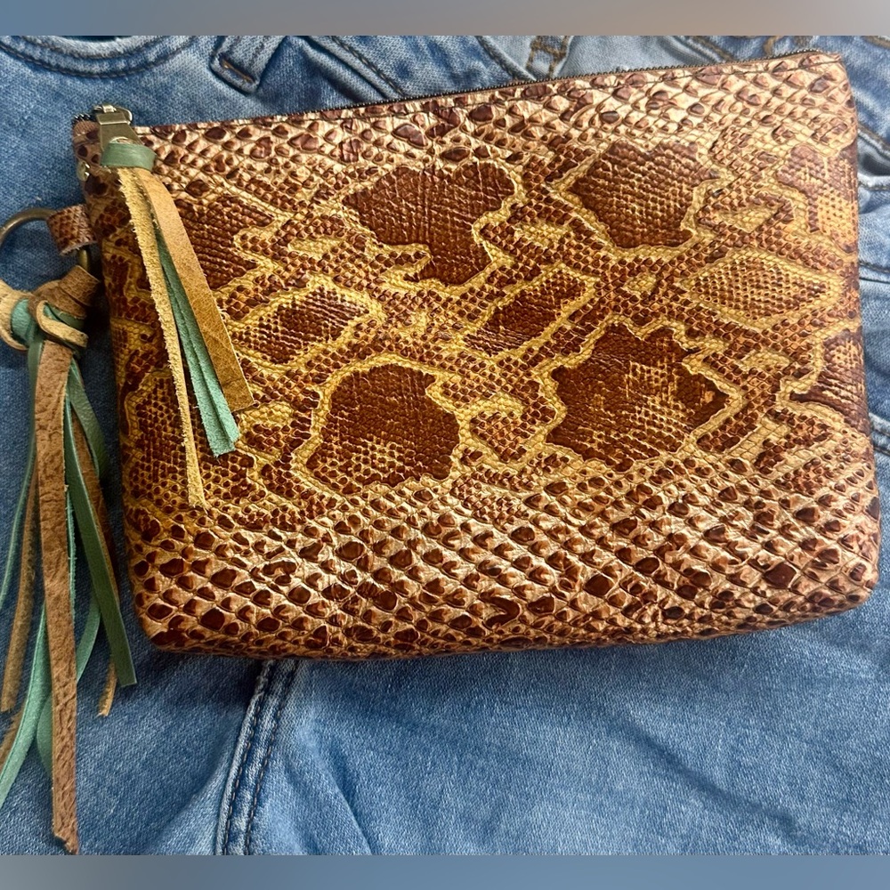 Brown Snake Print Leather Zipper Pouch with Tassel